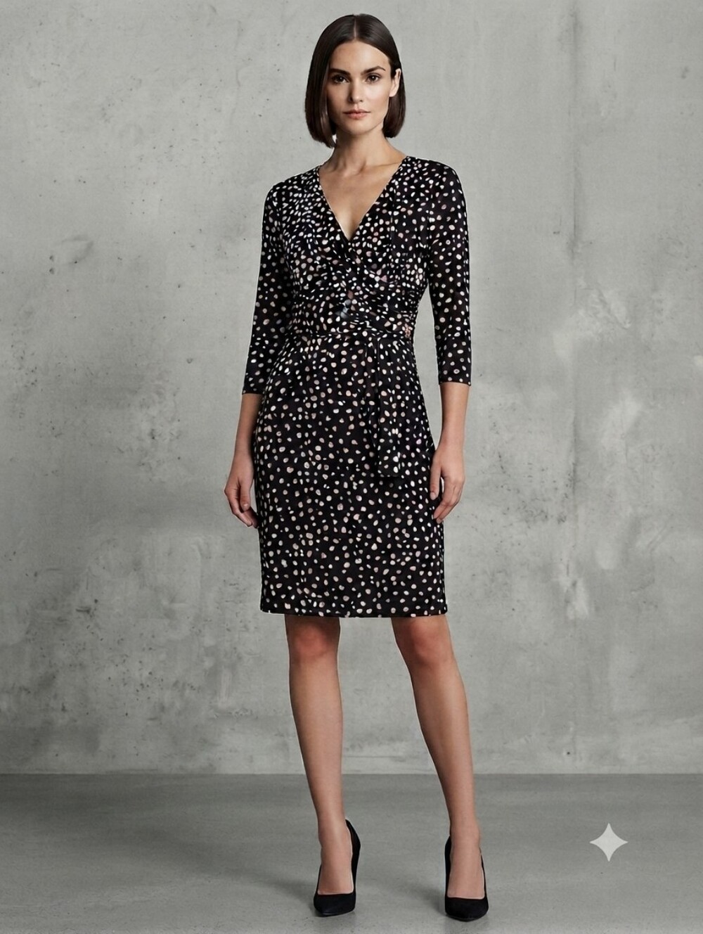 Anne Klein Black And White Polka Dot Faux Wrap Dress